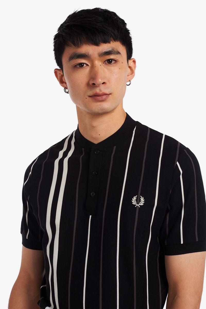 Black Fred Perry Striped Henley Polo Men's Shirts | PH 1537DFMN